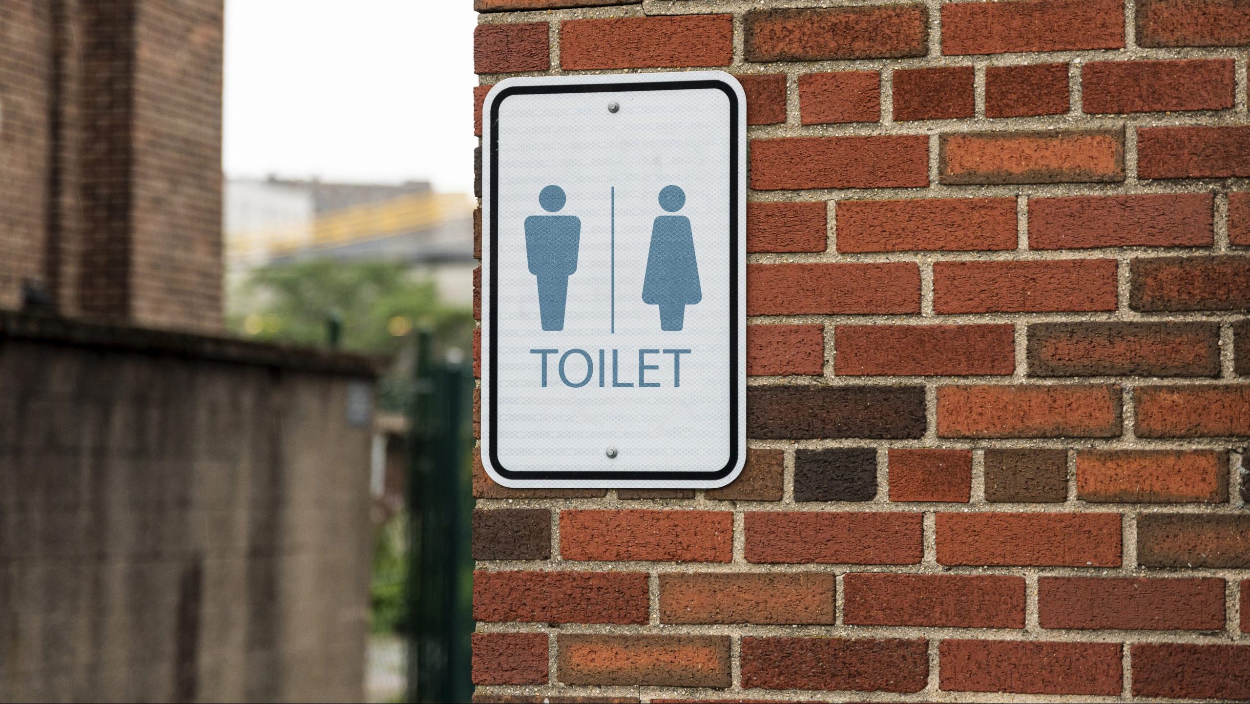 Toilet signage on a brick wall.