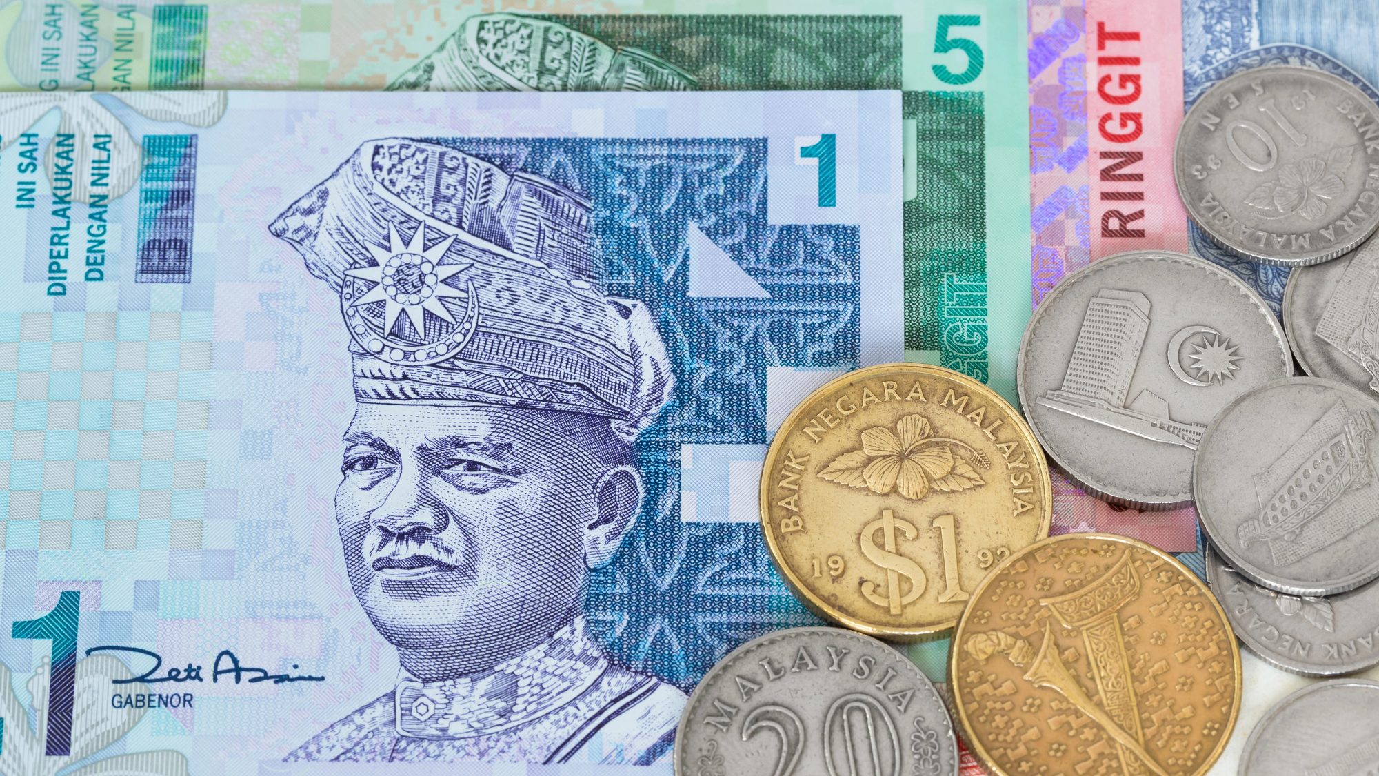 Malaysian money ringgit banknote and coins